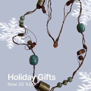 Handmade Artistic Necklace Raffia Wooden Beads Long 44”